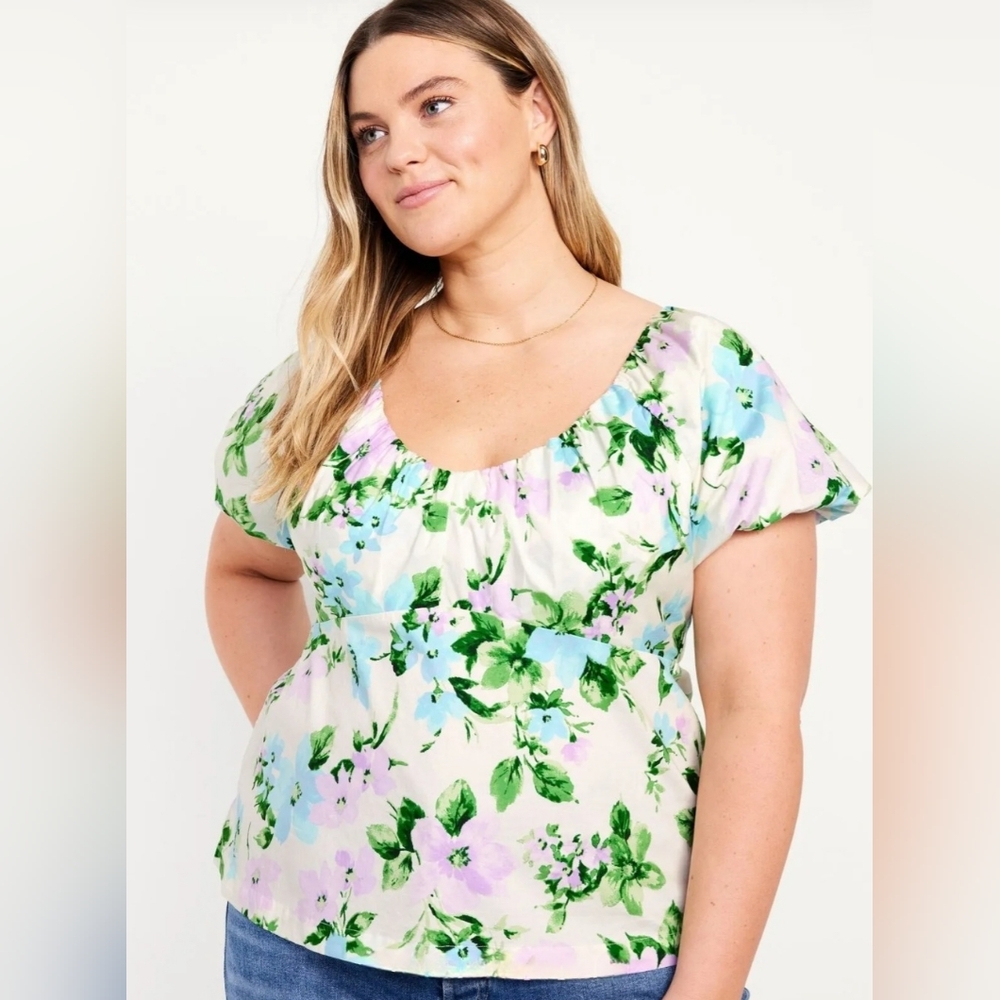 Old Navy White Floral Short Sleeve Vee Trapeze Smocked Back Women's Top sz 4X